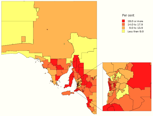 Diagram: Population aged 65 years and over, Statistical Local Areas, SA, 2007
