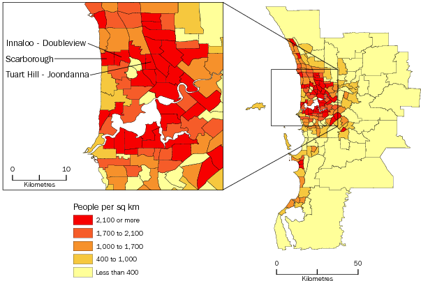 Diagram: POPULATION DENSITY BY SA2, Greater Perth—June 2012