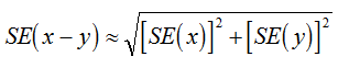 Equation: SE (x minus y) = square root of ([RSE (x)] squared + [RSE (y)] squared)