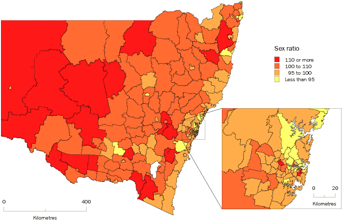 Diagram: MALES PER 100 FEMALES, Statistical Local Areas, New South Wales—30 June 2009