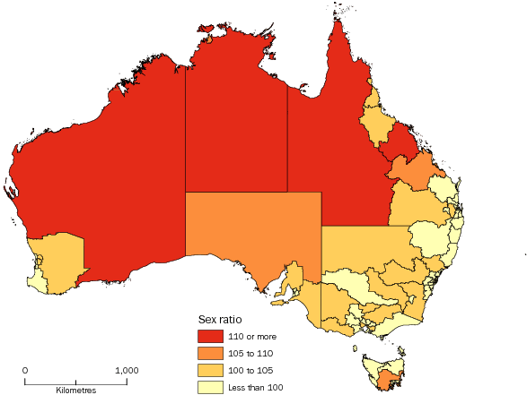 Diagram: MALES PER 100 FEMALES, Statistical Areas Level 4, Australia—30 June 2012