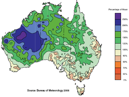 Map: 1.3 Percentage of mean annual rainfall, 1998–99 to 2000–01