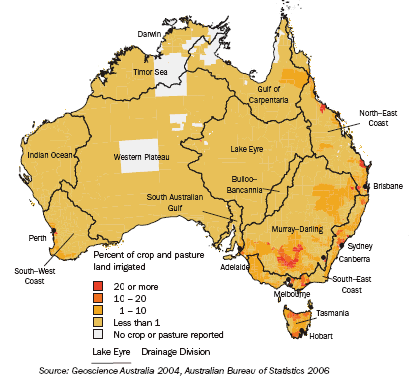 Map: 1.25 Area irrigated, Australia, by drainage division—2004–05