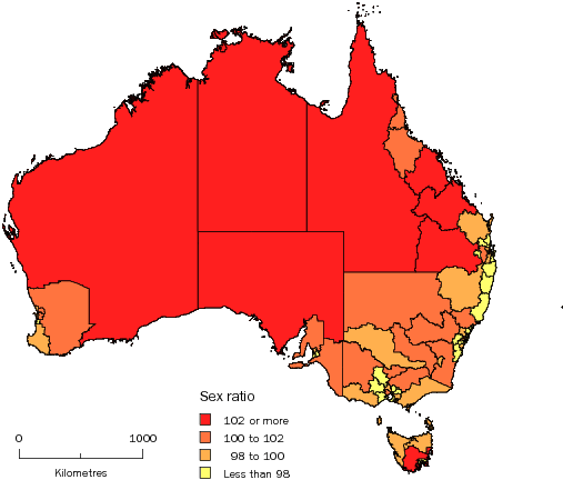 Diagram: MALES PER 100 FEMALES, Statistical Areas Level 4, Australia—30 June 2011