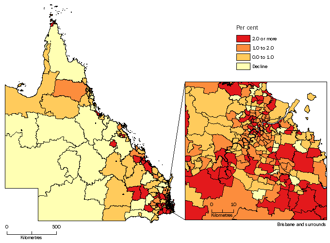 Diagram: POPULATION CHANGE BY SA2, Queensland - 2013-14 
