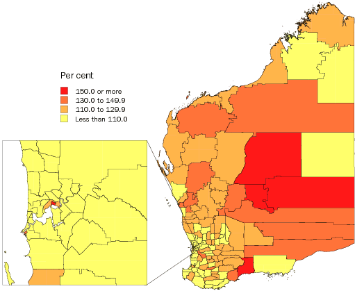 Diagram: Males per 100 females, Statistical Local Areas, WA, 2007