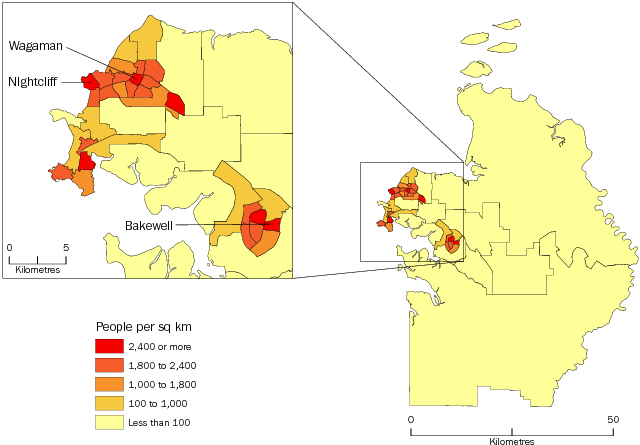 Diagram: POPULATION DENSITY BY SA2, Greater Darwin—June 2013