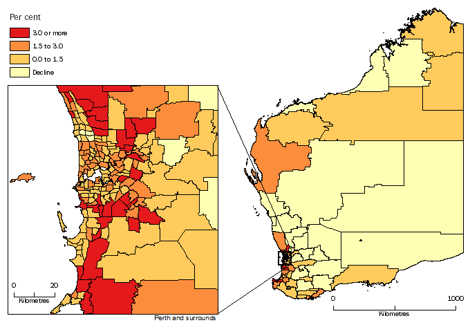 Diagram: POPULATION CHANGE BY SA2, Western Australia - 2013-14