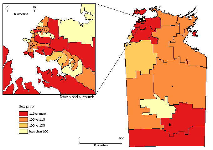 Diagram: MALES PER 100 FEMALES, Statistical Areas Level 2, Northern Territory - 30 June 2014