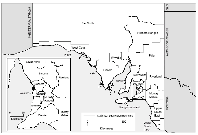 Map showing Statistical subdivisions in South Australia