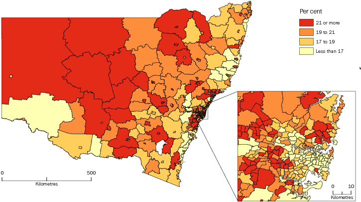 Diagram: POPULATION AGED LESS THAN 15 YEARS, Statistical Areas Level 2, New South Wales—30 June 2013