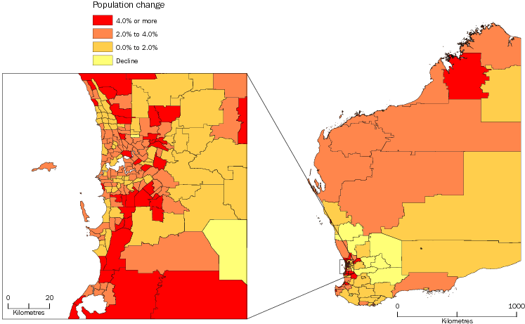 Diagram: POPULATION CHANGE BY SA2, Western Australia—2012–13