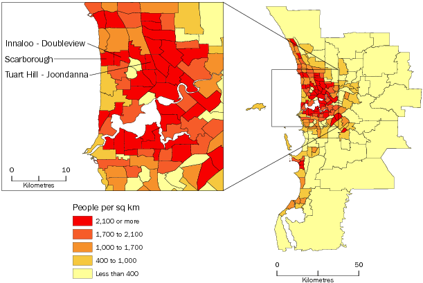 Diagram: POPULATION DENSITY BY SA2, Greater Perth—June 2013