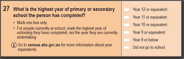 Image: 2016 Household Paper Form - Question 27. What is the highest year of primary or secondary school the person has completed?