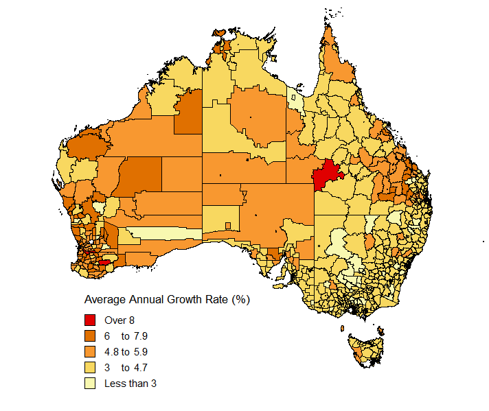 Map showing average annual growth rates in Wages and salaries by SLA between 2003-04 and 2008-09