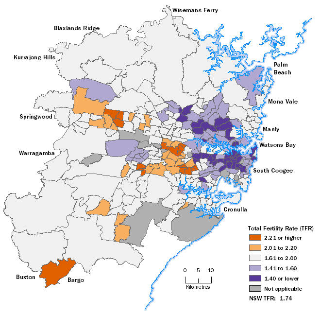 Sydney 2016 Total Fertility Rates by Statistical Area Level 2
