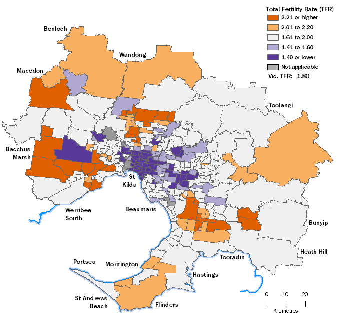 Greater Melbourne 2016 Total Fertility Rates by Statistical Area Level 2