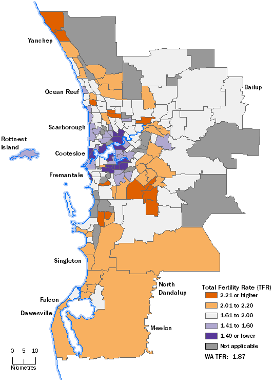 Greater Perth 2016 Total Fertility Rates by Statistical Area Level 2