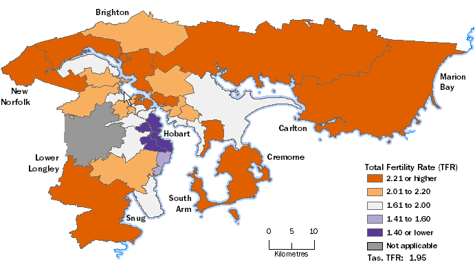 Greater Hobart 2016 Total Fertility Rates by Statistical Area Level 2