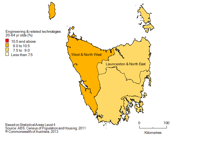 Map: Non-school qualifications in engineering and related technologies, 20-64 year olds, Tasmania, 2011