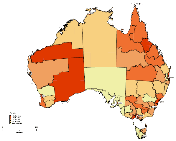 Map: Figure 7 Percentages of occupied private dwellings with Broadband connection by 2006 Statistical Divisions for Australia.