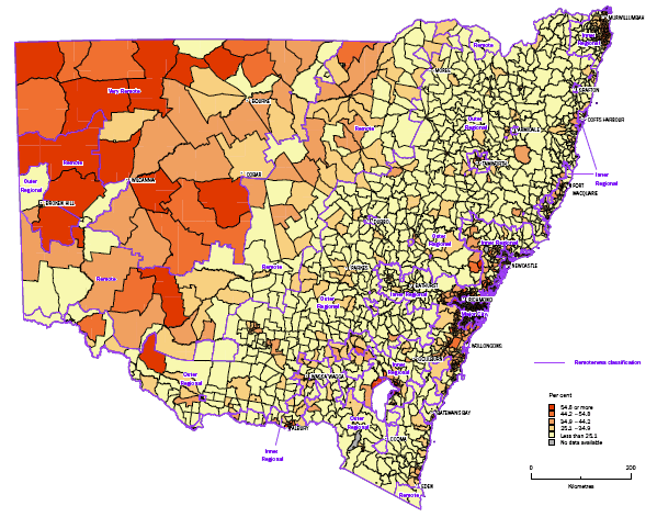 Map: Figure 8 Percentages of occupied private dwellings with Broadband connection by Collection Districts for New South Wales 2006.
