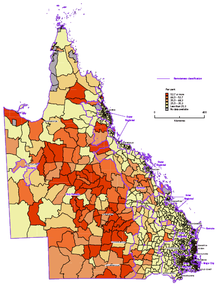Map: Figure 10 Percentages of occupied private dwellings with Broadband connection by Collection Districts for Queensland 2006.
