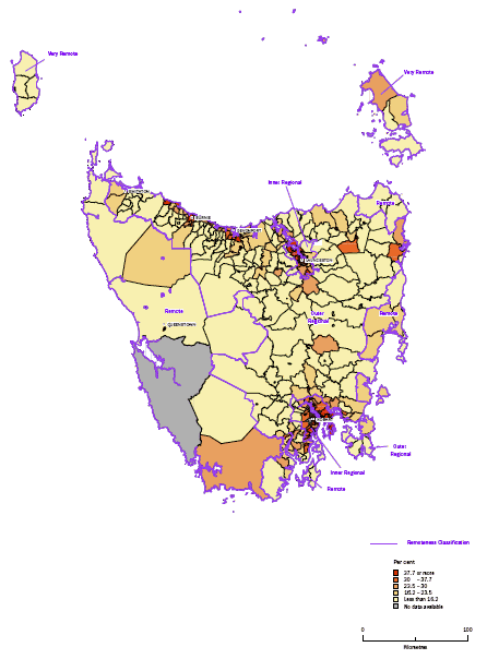 Map: Figure 13 Percentages of occupied private dwellings with Broadband connection by Collection Districts for Tasmania 2006.