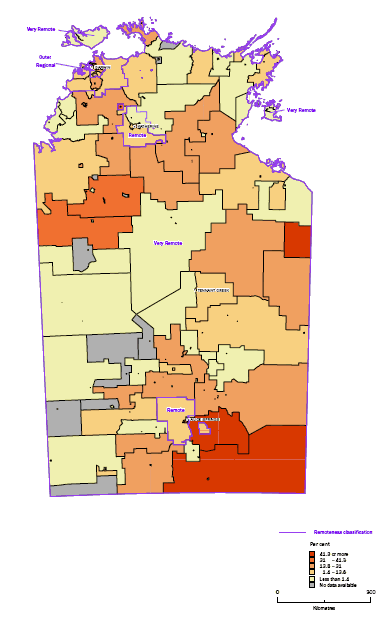 Map: Figure 14 Percentages of occupied private dwellings with Broadband connection by Collection Districts for Northern Territory 2006.