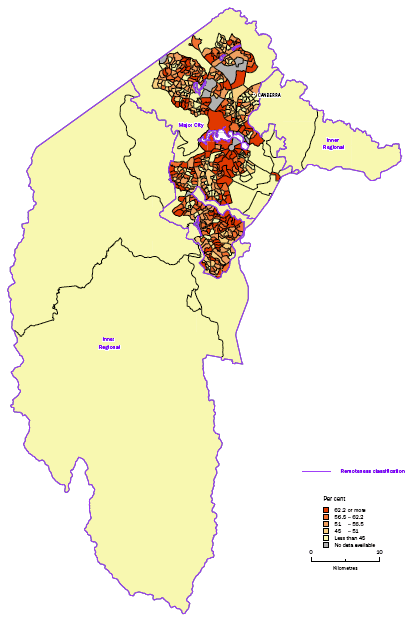 Map: Figure 15 Percentages of occupied private dwellings with Broadband connection by Collection Districts for Australian Capital Territory 2006.