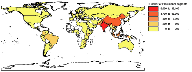 FIGURE 1: PROVISIONAL MIGRANTS, 15 years and over, Population distribution, By country of birth, 2010-11, showing the majority were born in Central ans Eastern Asia (79%).