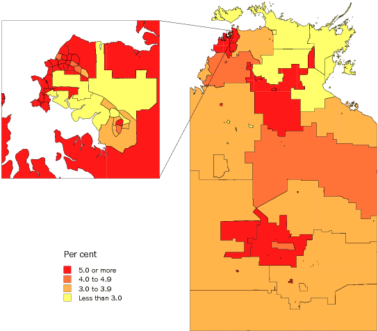 Diagram: Population aged 65 years and over, Statistical Local Areas, NT, 2007