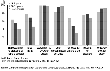 Graph: PARTICIPATION IN SELECTED LEISURE ACTIVITIES(a)(b), By age, SA, 2012