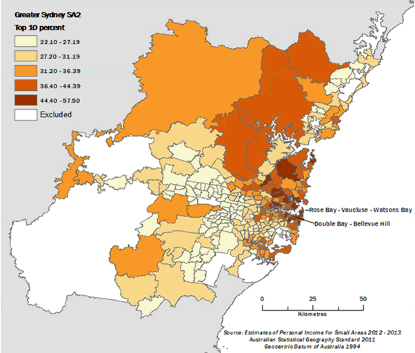 Percentage of total income contributed by top 10% of eaners, SA2 regions, Greater Sydney GCCSA, 2012-13