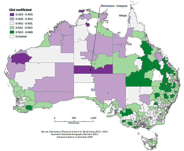 Gini Coefficient by SA, Australia, 2012-13