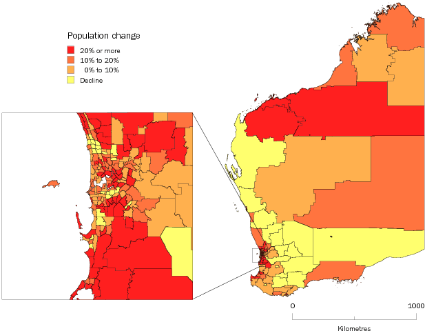 Diagram: SA2 POPULATION CHANGE, Western Australia—2001–11