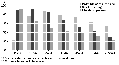 Graph: Persons with internet access at home, selected online activities by age group, 2012–13.