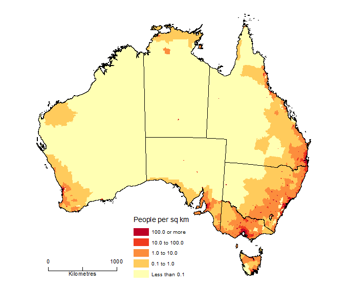 Image: Map showing Population Density by SA2, Australia, June 2018