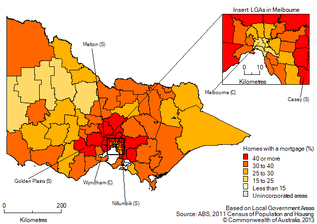 Map: Proportion of homes owned with a mortgage, by Local Government Area, Victoria, 2011. Includes insert for Local Government Areas in Melbourne.