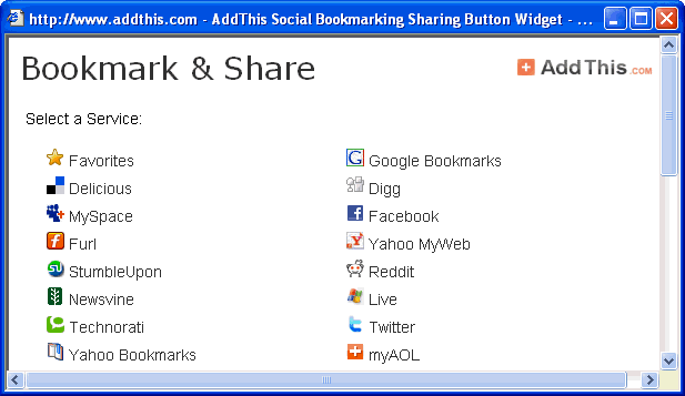 Graphic: Example of the AddThis bookmarking service selection window