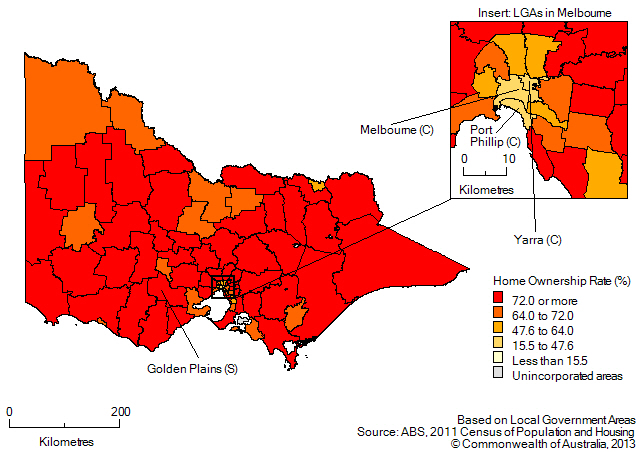 Map:Home ownership rates by LGA, Victoria, 2011