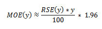 Equation: MOE (y) is approximately equal to ((RSE(y) multiplied by y)/100) multiplied by 1.96