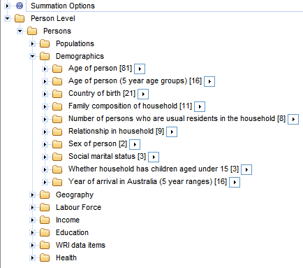 File structure showing an overview of the data items available. All items fall under the person level, and are then grouped in folders for populations, demographics, geography, labour force, income, education, WRI data items, and health. 