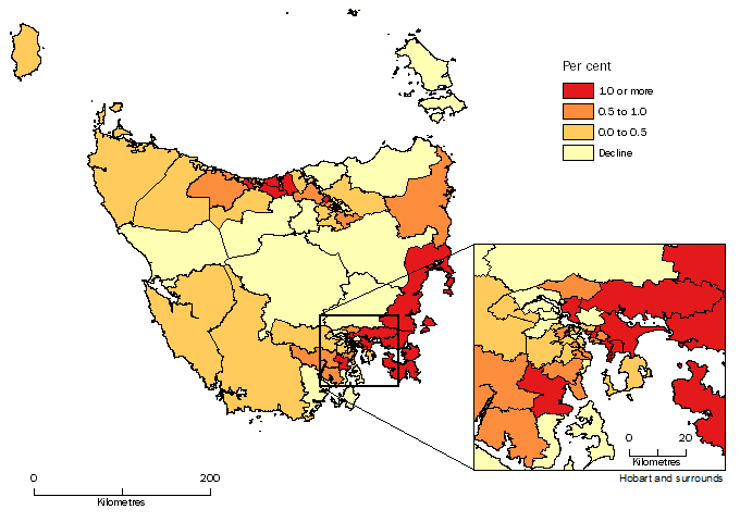 Diagram: POPULATION CHANGE BY SA2, Tasmania - 2013-14