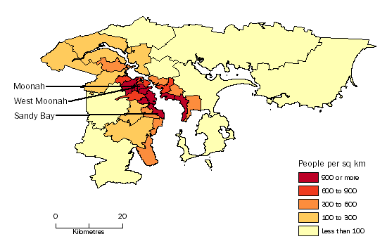Diagram: POPULATION DENSITY BY SA2, Greater Hobart - June 2014