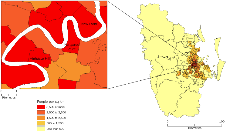 Diagram: POPULATION DENSITY BY SA2, Greater Brisbane—June 2012