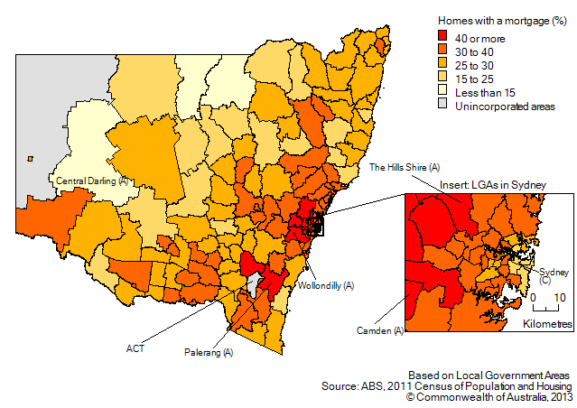 Map: Proportion of homes owned with a mortgage, by Local Government Area, New South Wales, 2011. Includes insert for Local Government Areas in Sydney.