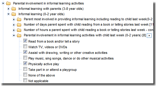 Example of multi-response data item: a parent can report all types of involvement in informal learning activities last week with a child aged 0–2 years.