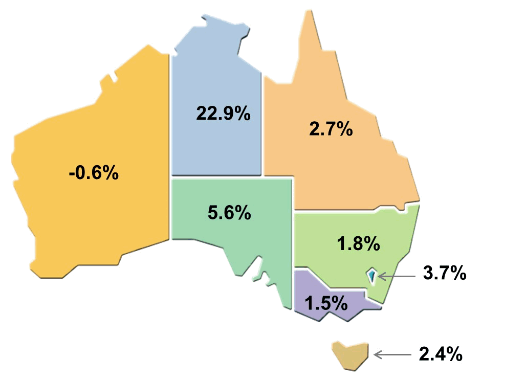 Map:  Resident returns, State or territory of residence - Annual change to September 2019 (original estimates)