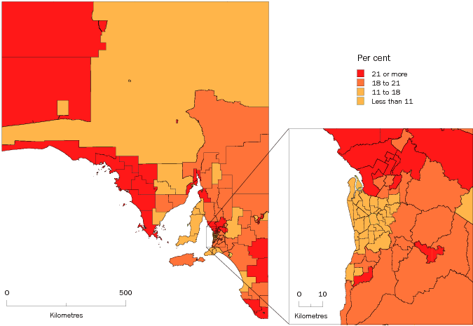 Diagram: Population aged less than 15 years, Statistical Local Areas, SA, 2008
